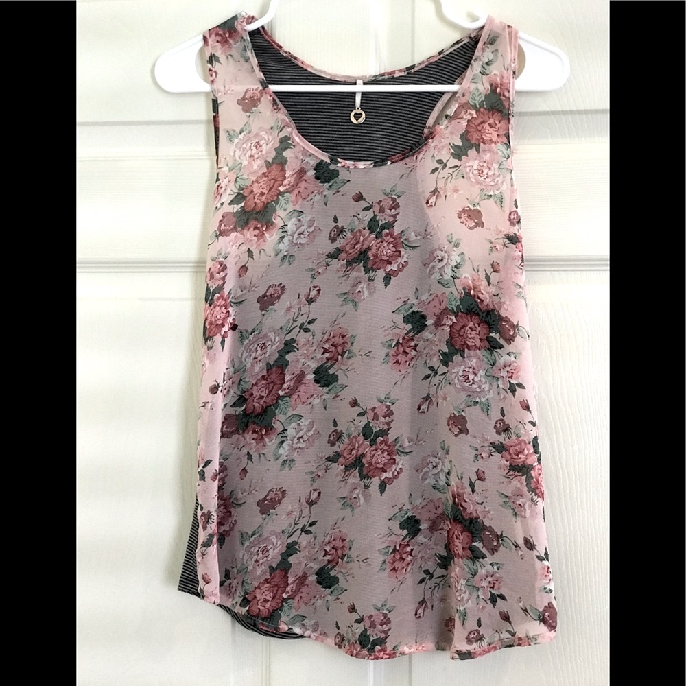 ROBIN K sheer floral/stripe top
